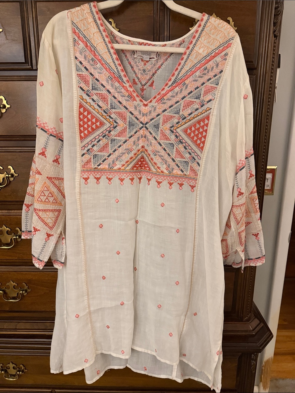 Johnny Was Ivory Tunic Dress with Coral & Navy Embroidery